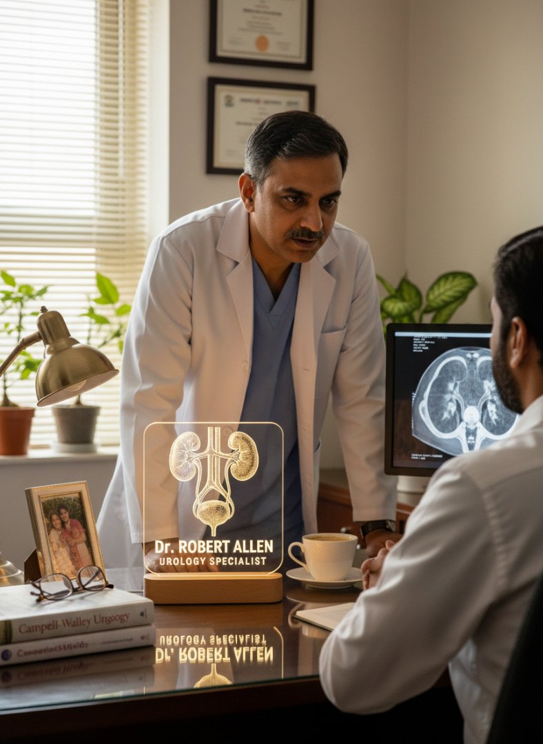 Doctor in a consultation room with a patient, discussing a medical case on a screen.