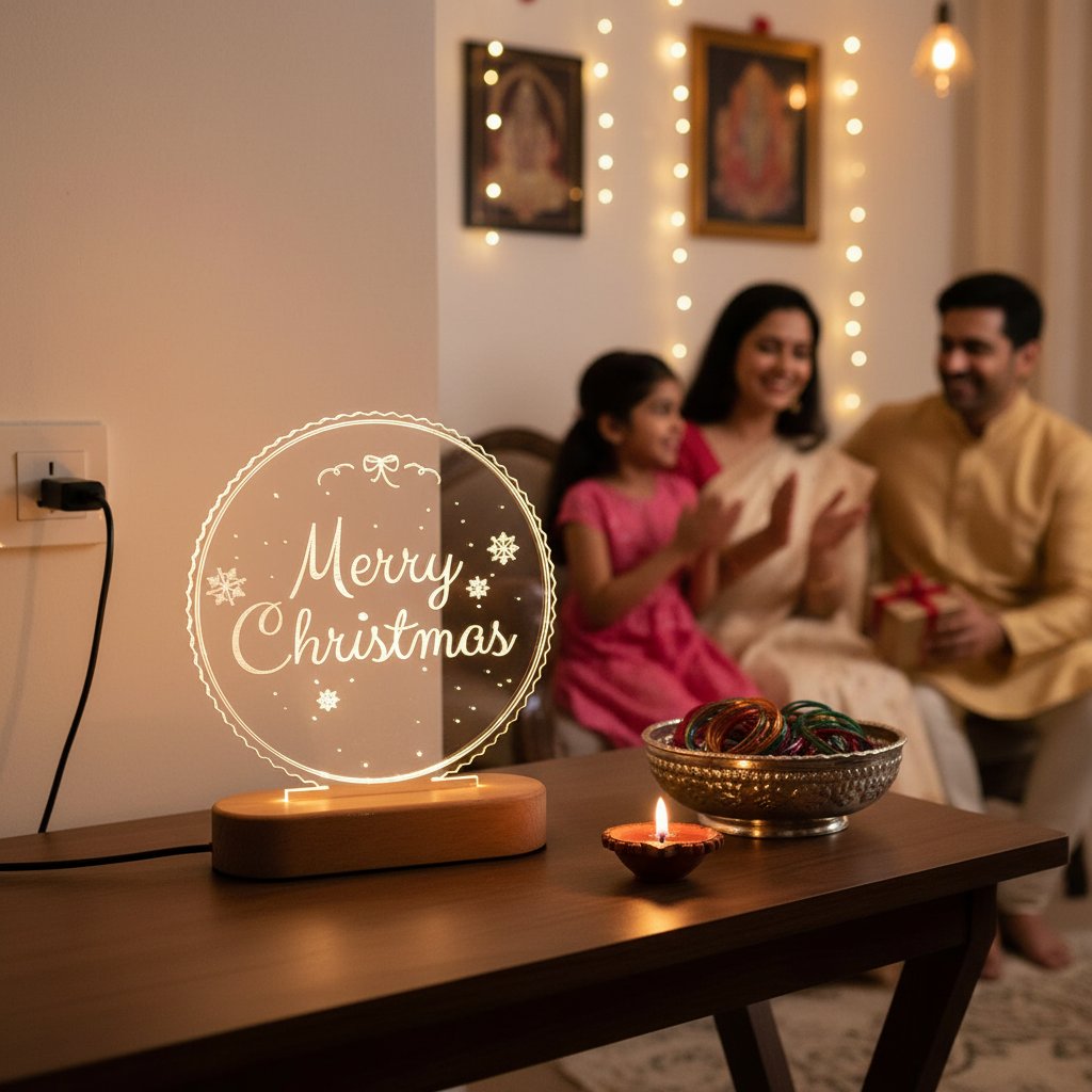 Family gathered around a table with a 'Merry Christmas' light display, candles, and a bowl of fruits.