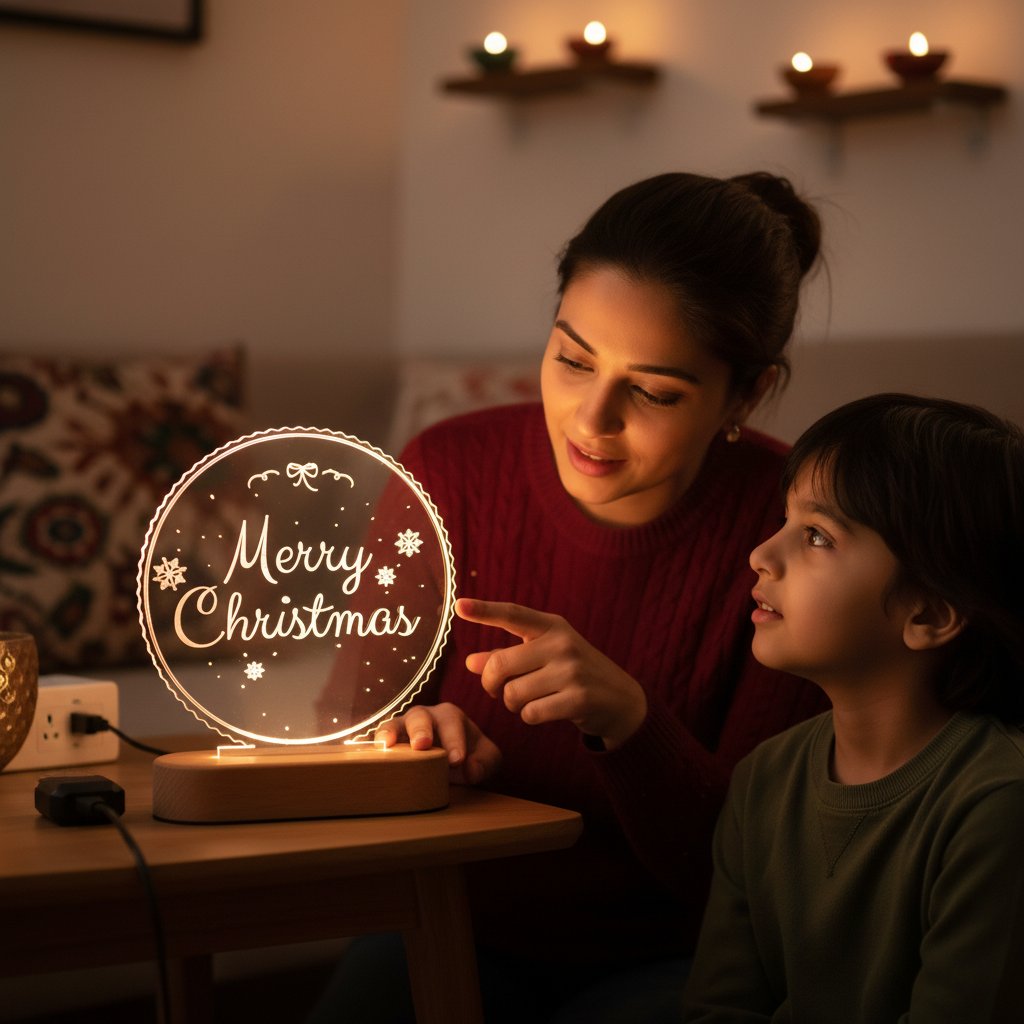 Woman and child looking at a 'Merry Christmas' light display