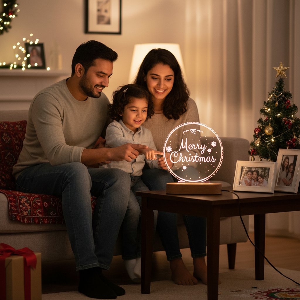 Family sitting together in a cozy living room with a 'Merry Christmas' light display.