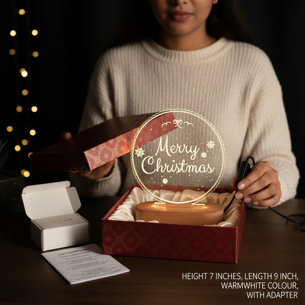 Person holding a red gift box with a 'Merry Christmas' light-up display.