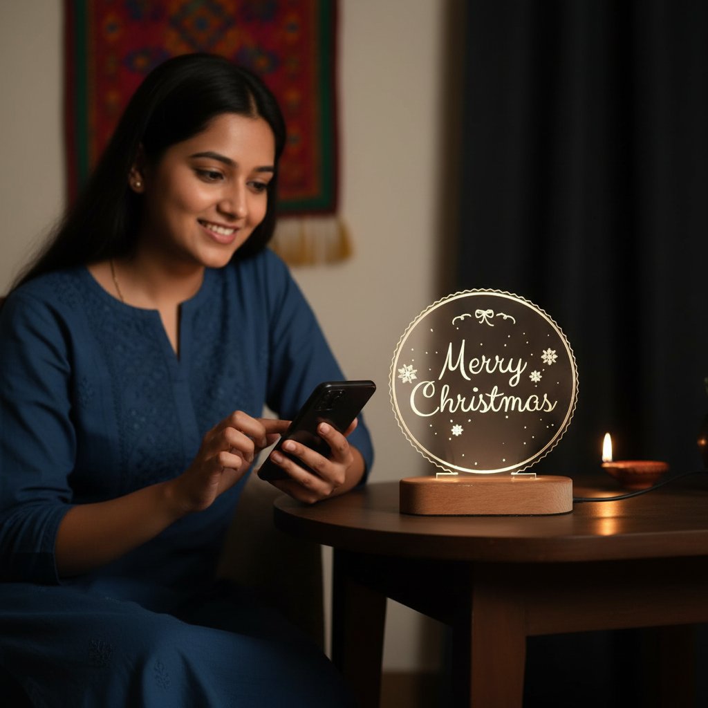 Woman using a phone next to a 'Merry Christmas' light on a table.