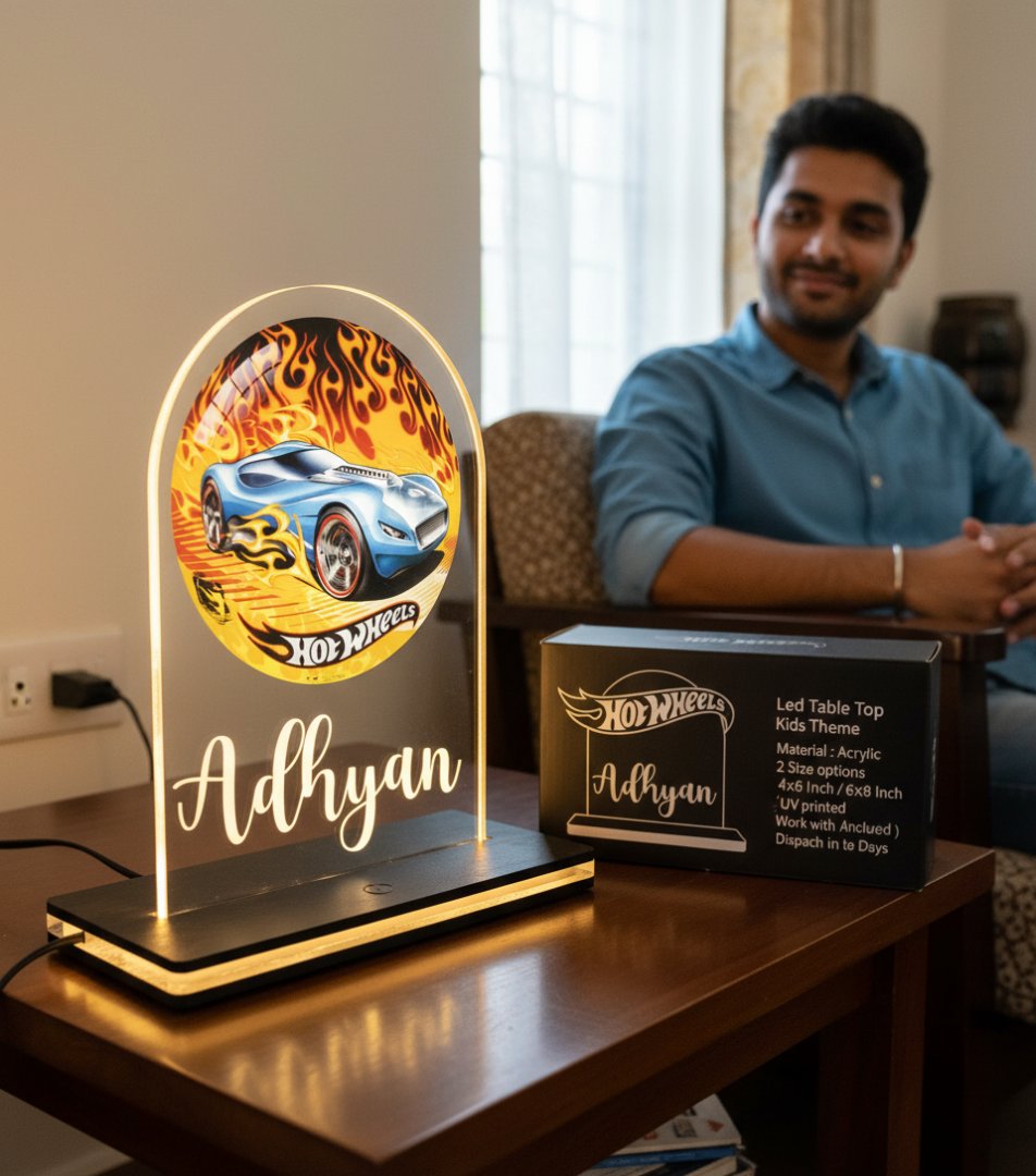 LED table top toy with 'Hot Wheels' design and personalized name on a wooden surface.
