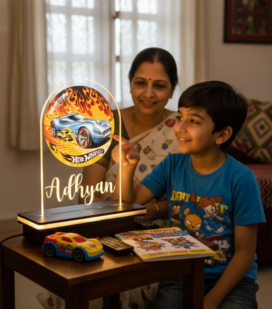 Child and adult with a Hot Wheels-themed light display