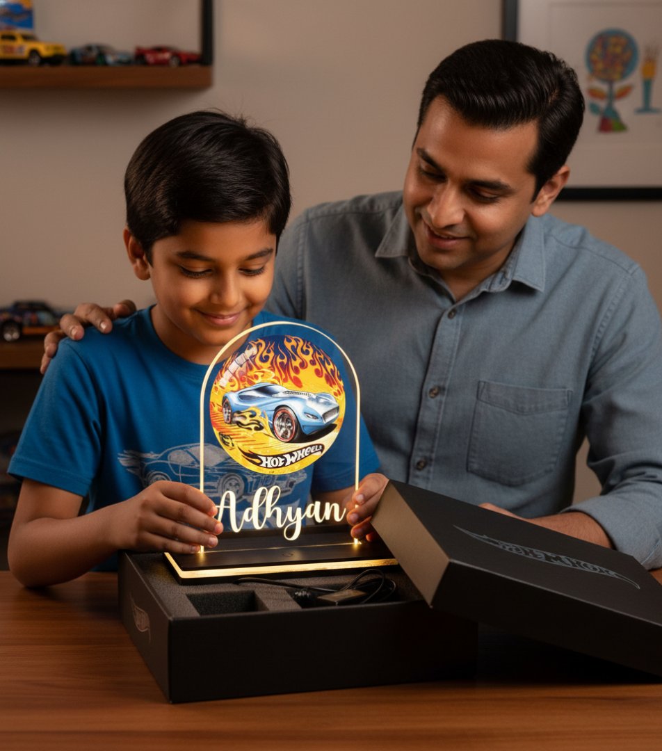 Man and child looking at a personalized light display together