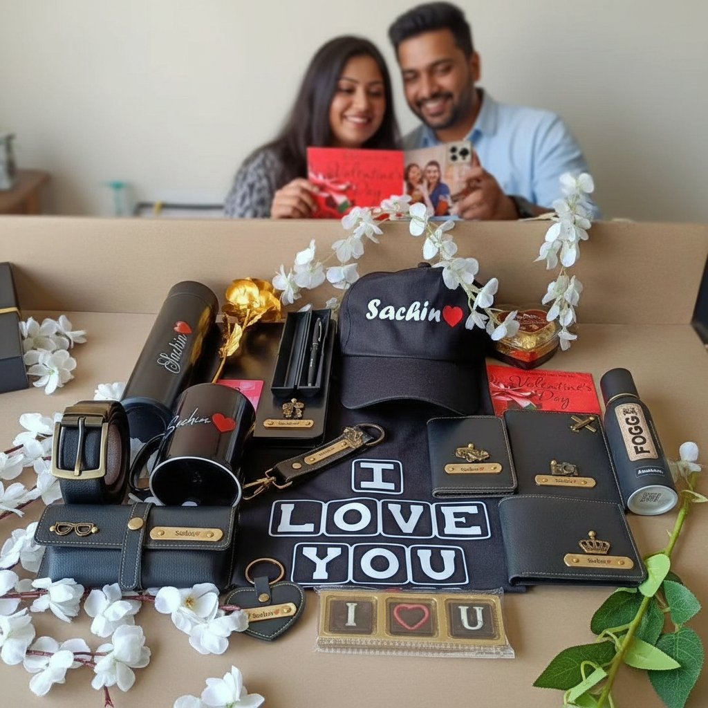 Table with various items including a cap, mugs, and keychains with 'I Love You' text, with a couple in the background.