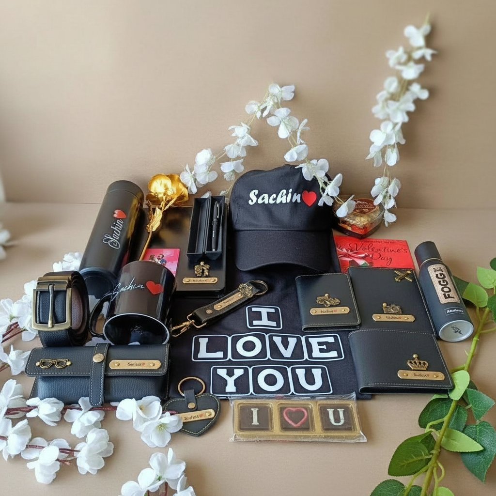 Collection of black accessories with 'I Love You' and 'Sachin' text, surrounded by white flowers and green leaves.