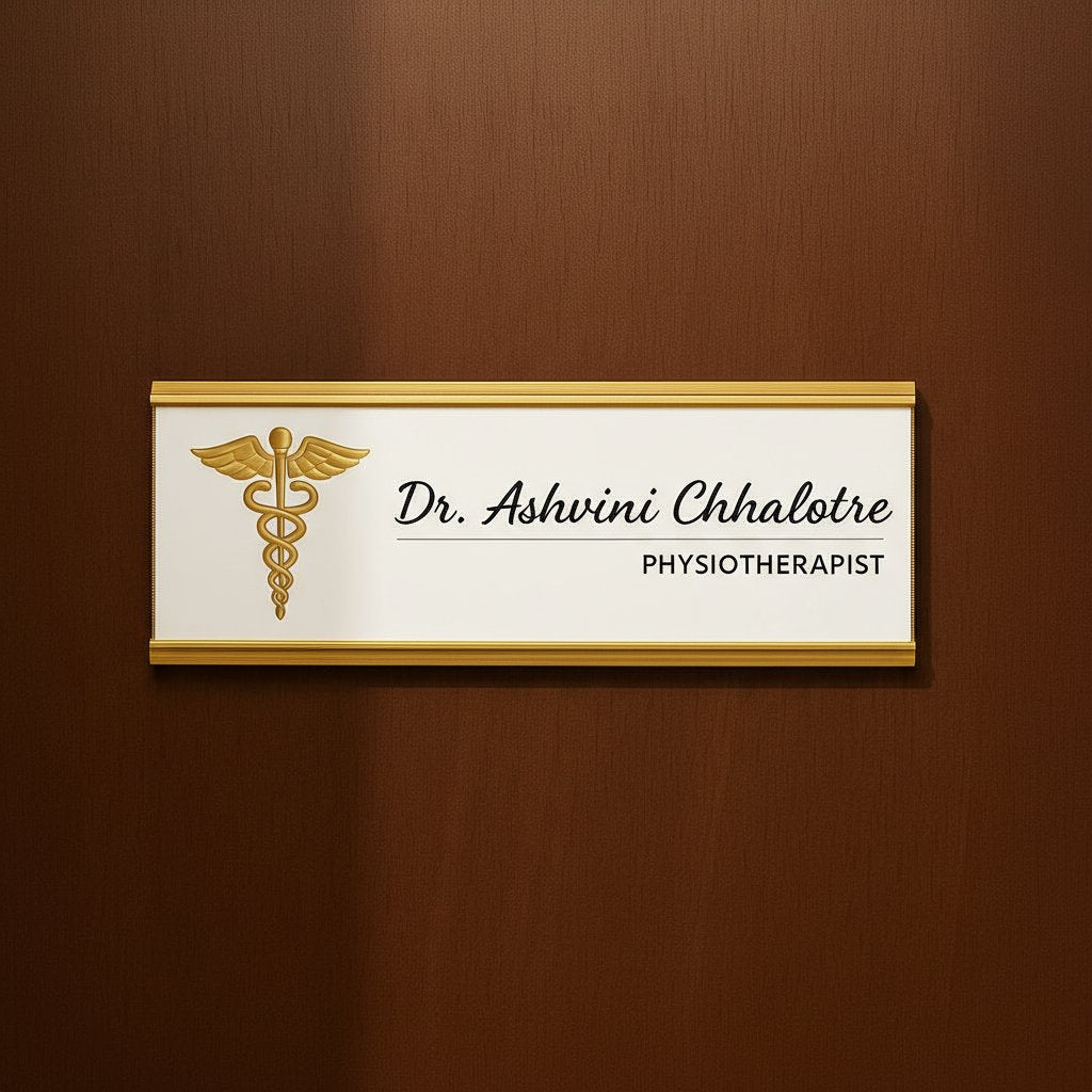 Nameplate for Dr. Ashvini Chhalastre, Physiotherapist, with a gold caduceus symbol on a brown background