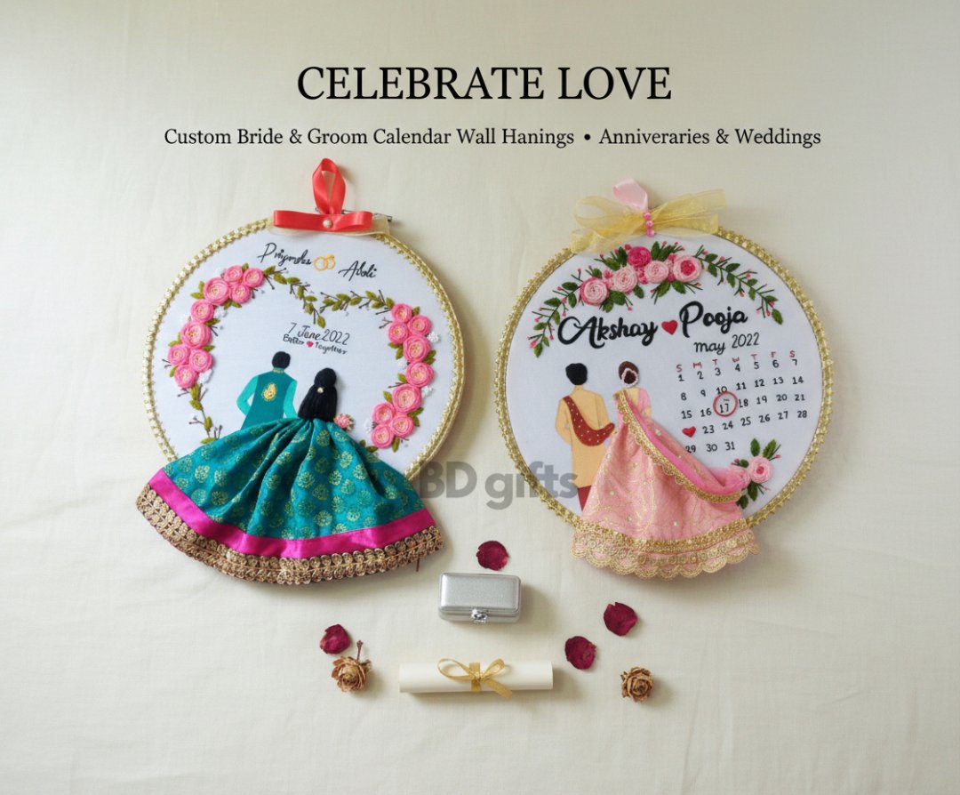 Two embroidered wall hangings with personalized names and dates, displayed on a light background.
