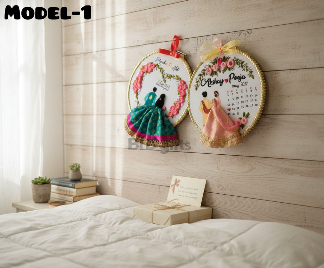 Decorative wall hangings with floral designs and text on a wooden wall.