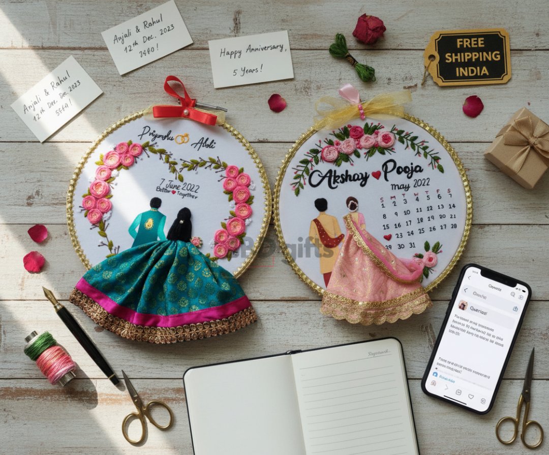 Two embroidered hoop art pieces with floral designs and text on a wooden surface with stationery items.