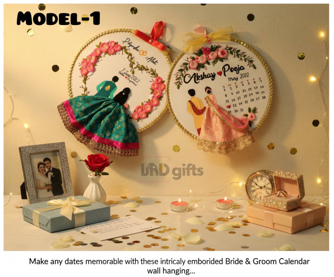 Decorative wall hangings with bride and groom design, framed photos, and candles on a table.