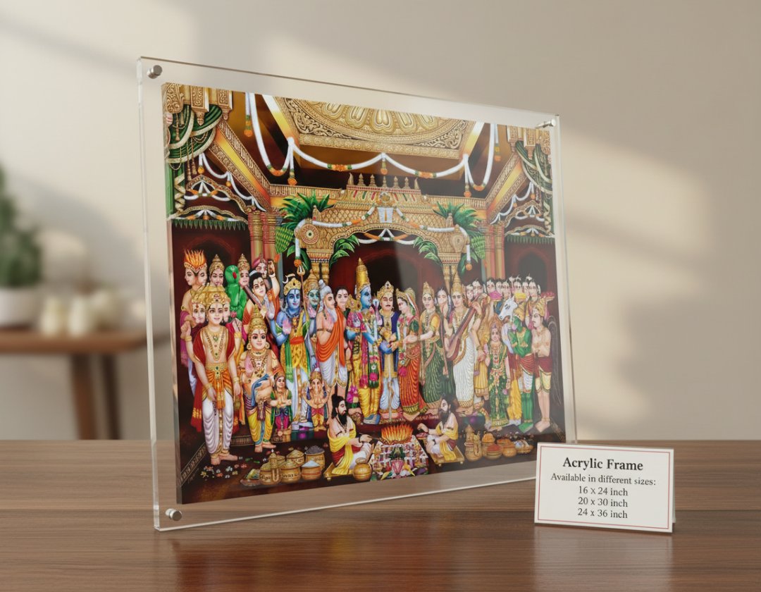 Acrylic frame with colorful artwork of deities on a wooden surface