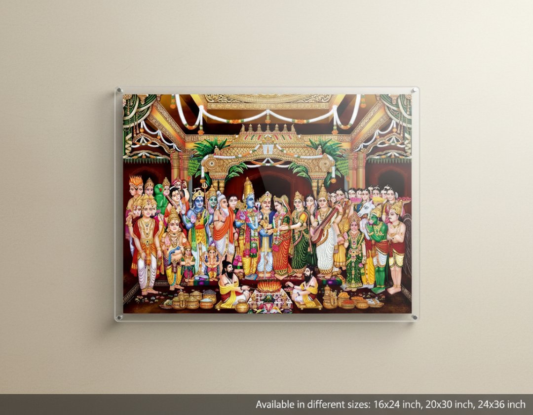 Framed artwork of deities on a beige wall with size options displayed below.