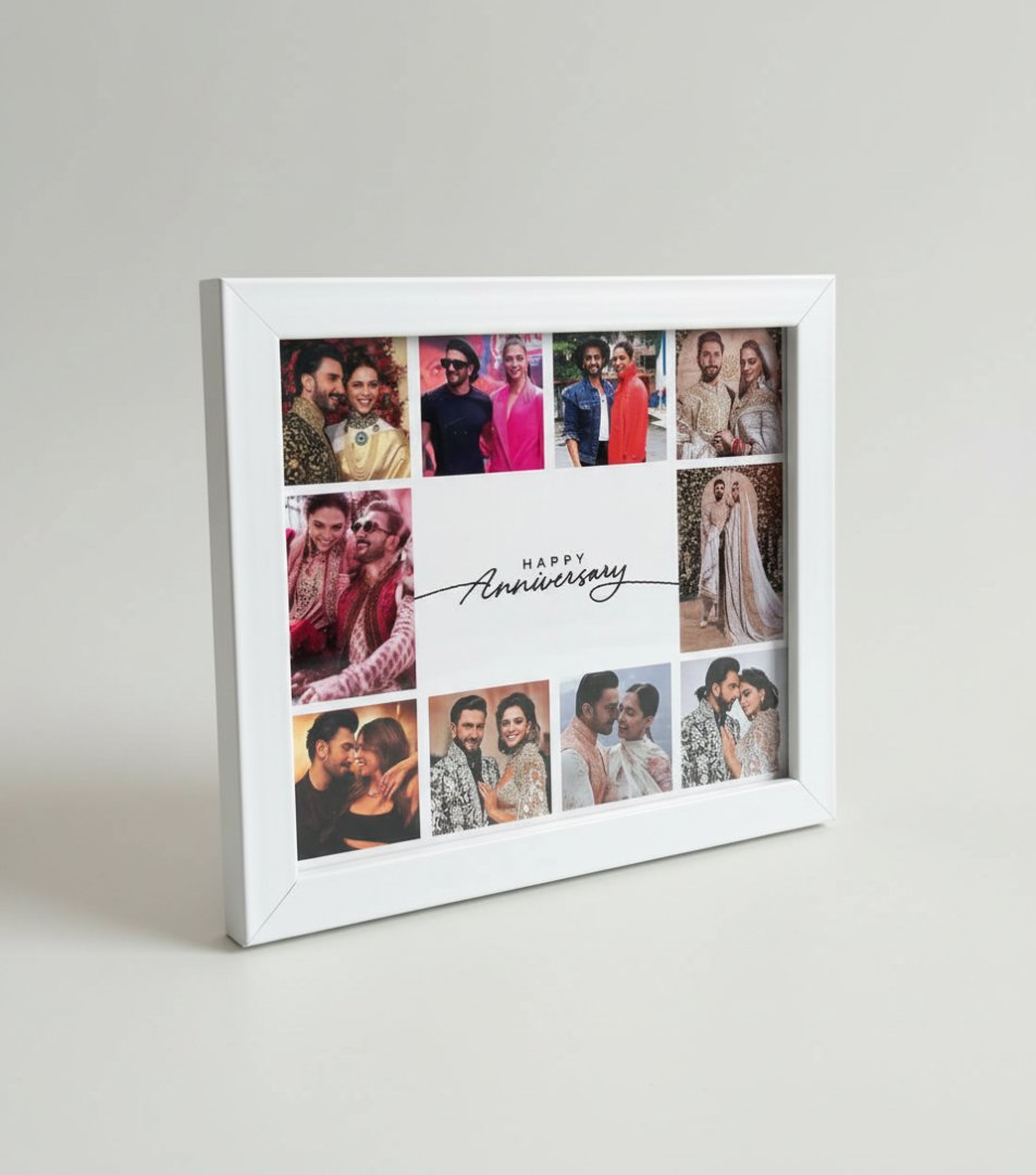 White photo collage frame with multiple images of a couple, on a light gray background.