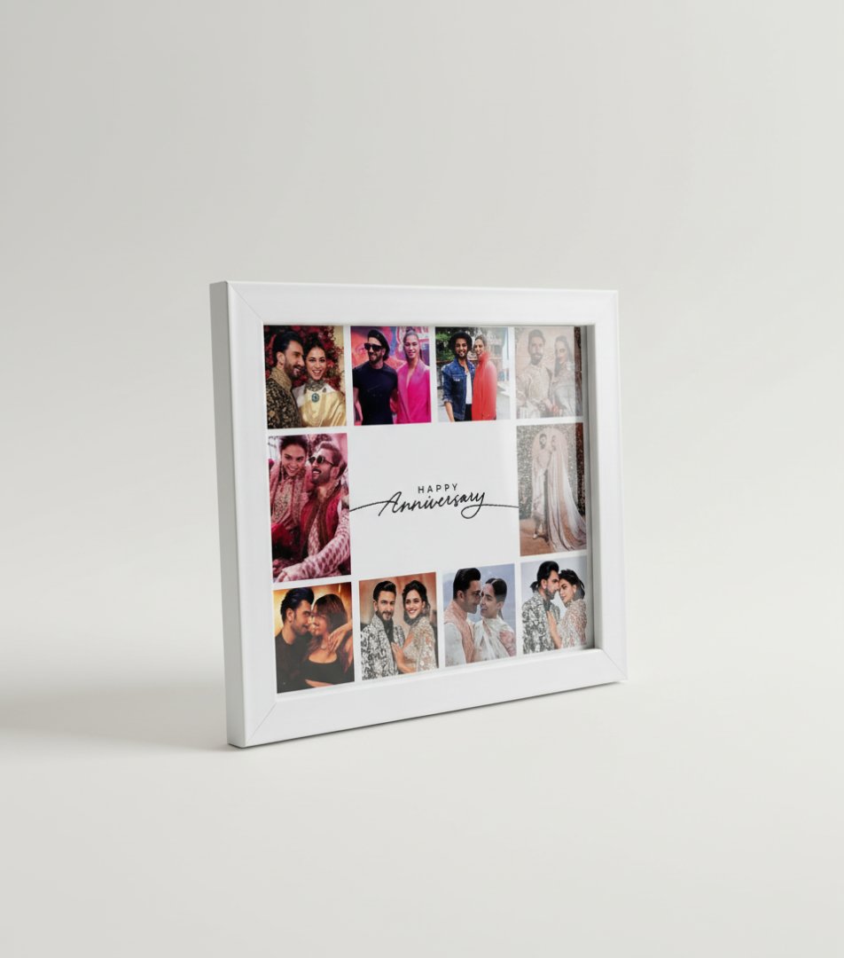 Collage photo frame with multiple photos and 'Happy Anniversary' text on a white background