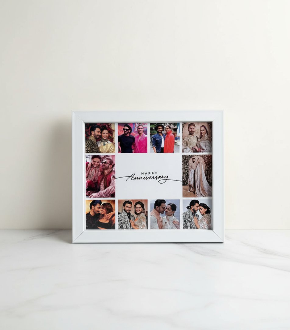 Framed collage of photos with 'Happy Anniversary' text on a white background