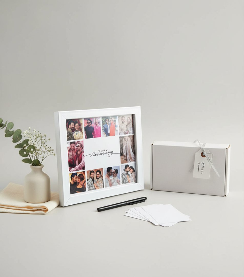 Collage photo frame with a white border on a light gray surface.