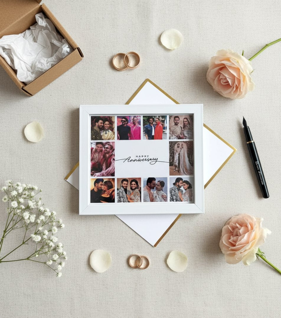 Personalized anniversary card with collage of photos surrounded by flowers and rings on a light surface.