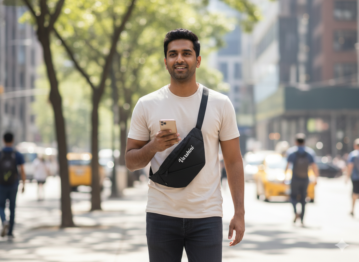 Man walking on a city street with a crossbody bag and phone, surrounded by blurred urban background
