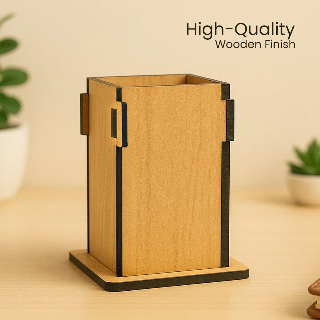 Wooden desk organizer with black accents on a neutral background