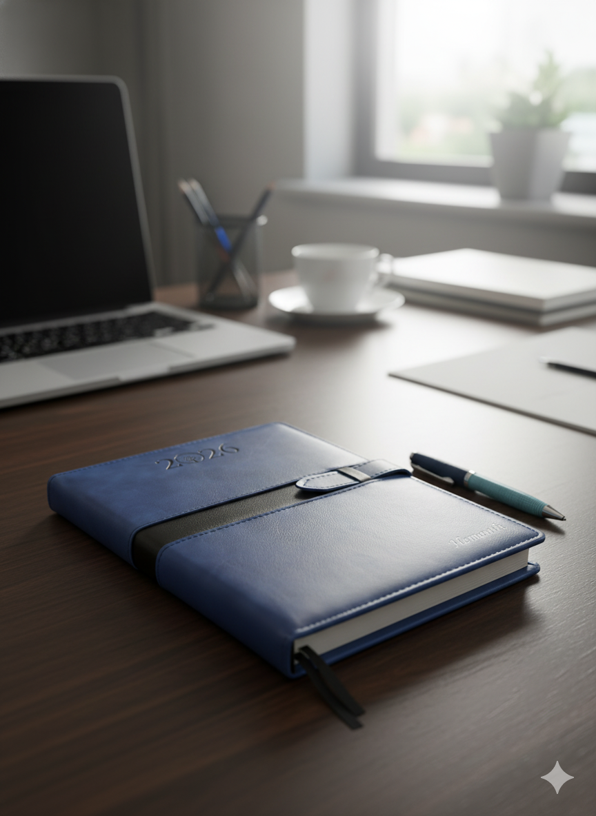 Blue planner on a wooden desk with a laptop, coffee cup, and stationery items.