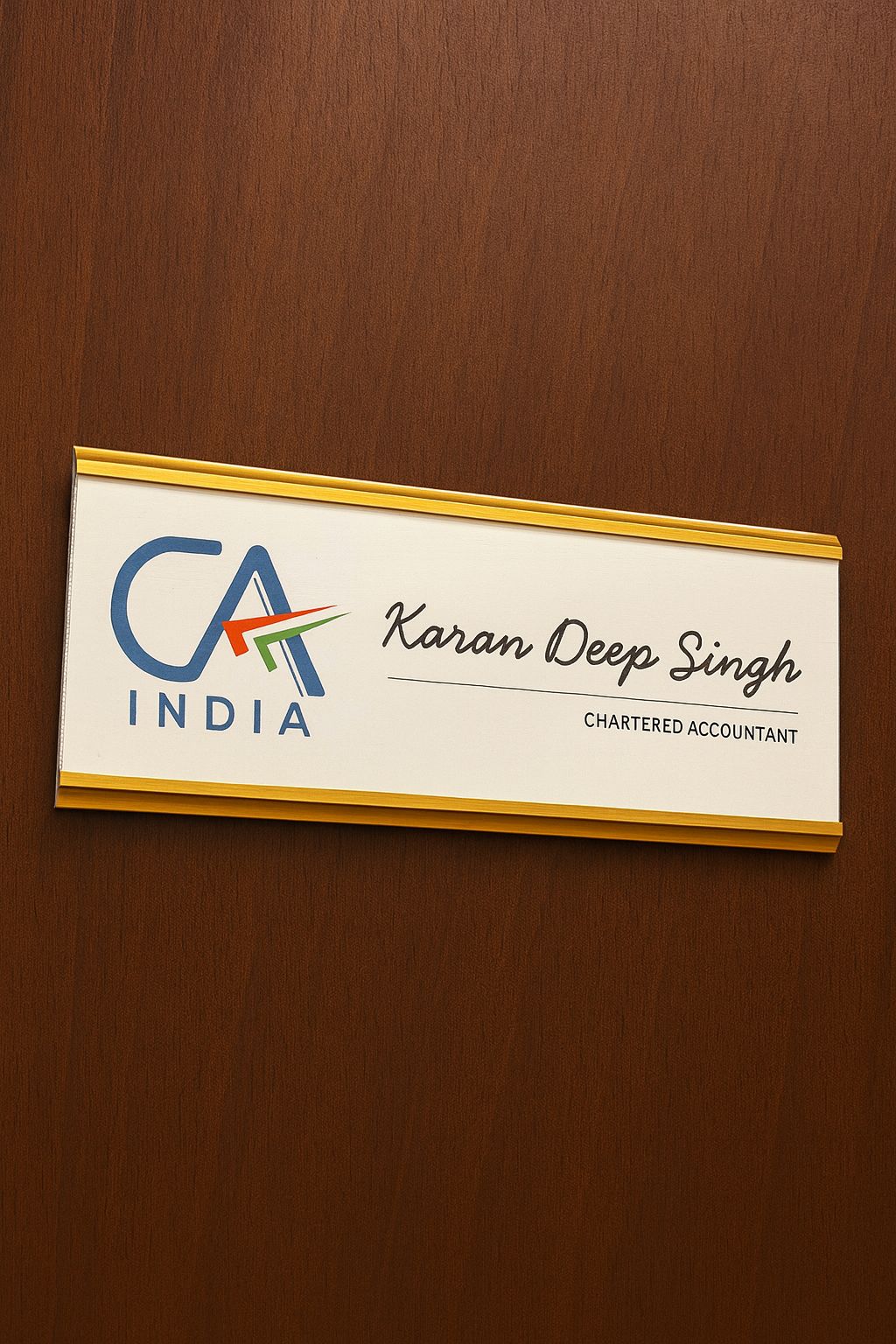 Nameplate with 'CA India' logo and text on a wooden door