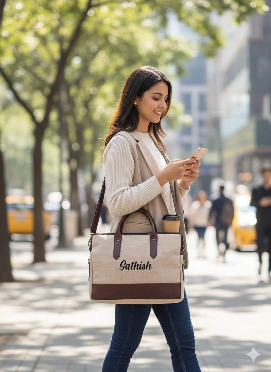 Woman walking outdoors with a 'Salthish' bag and phone, surrounded by trees and buildings.