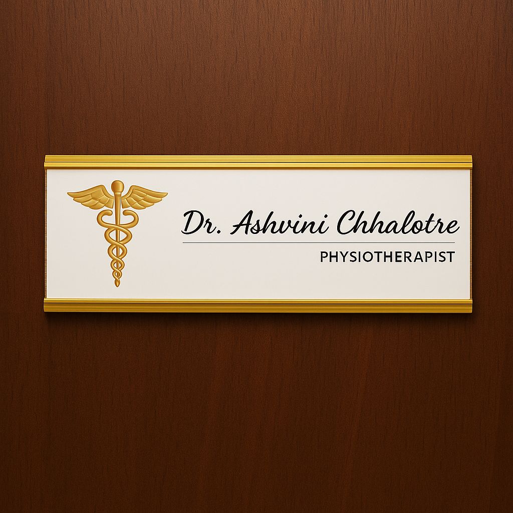 Nameplate for Dr. Ashvini Chhalotre, Physiotherapist on a wooden background