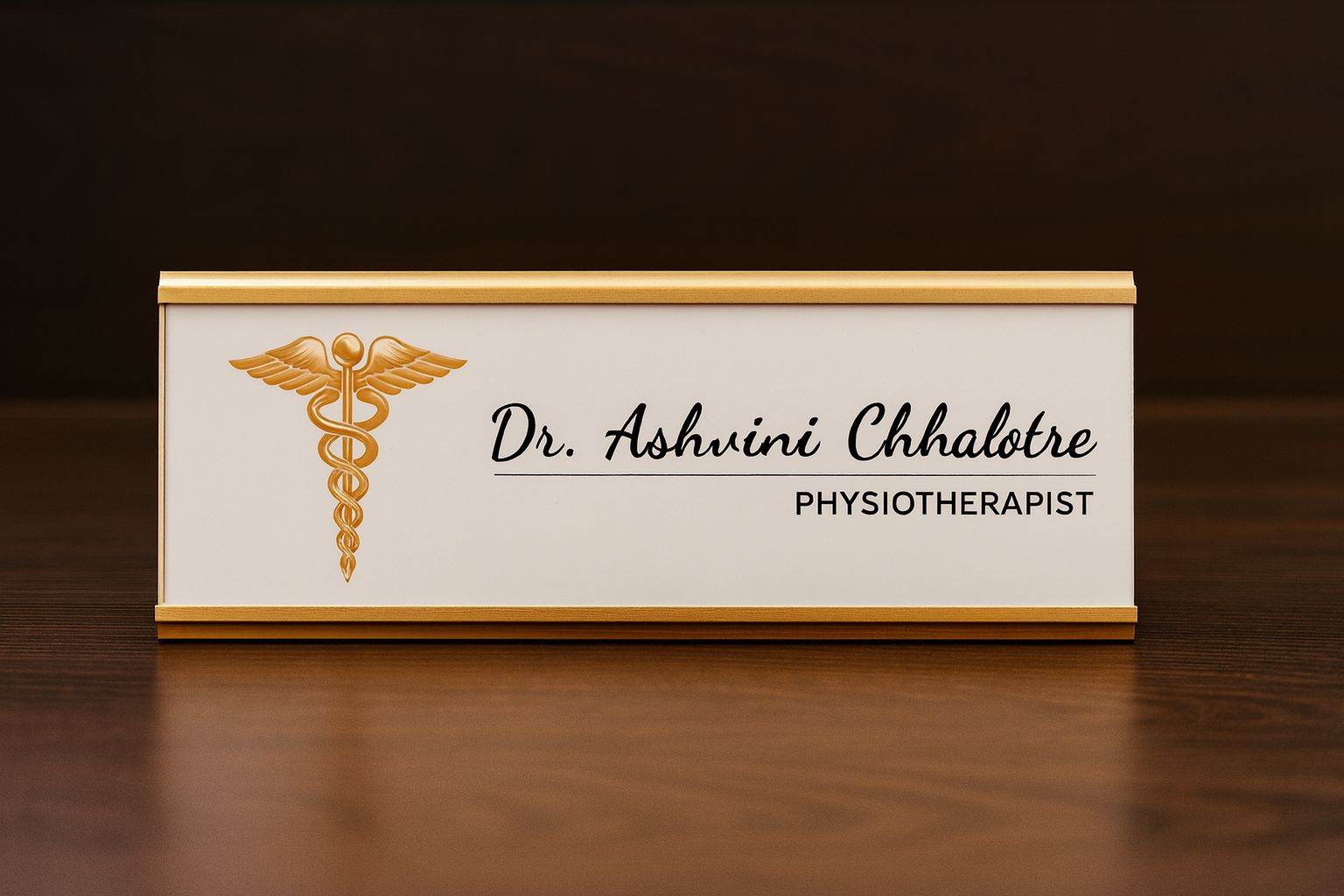 Nameplate for Dr. Ashvini Chhalotre, Physiotherapist on a wooden surface with a dark background
