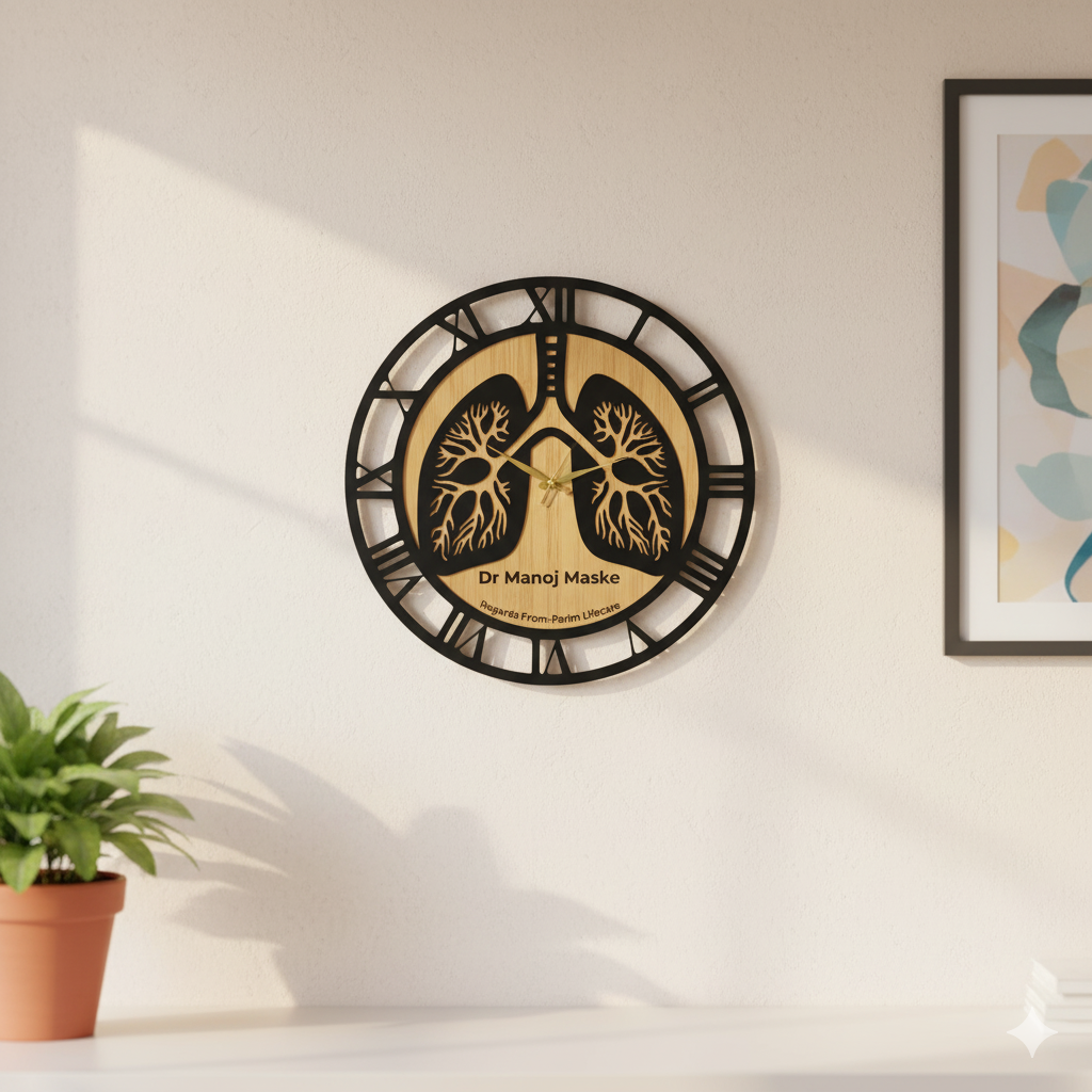 Decorative wall clock with artistic design on a wall with a plant and framed picture.