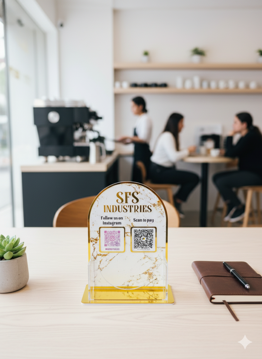 SFS Industries branded standee on a table with a blurred cafe background