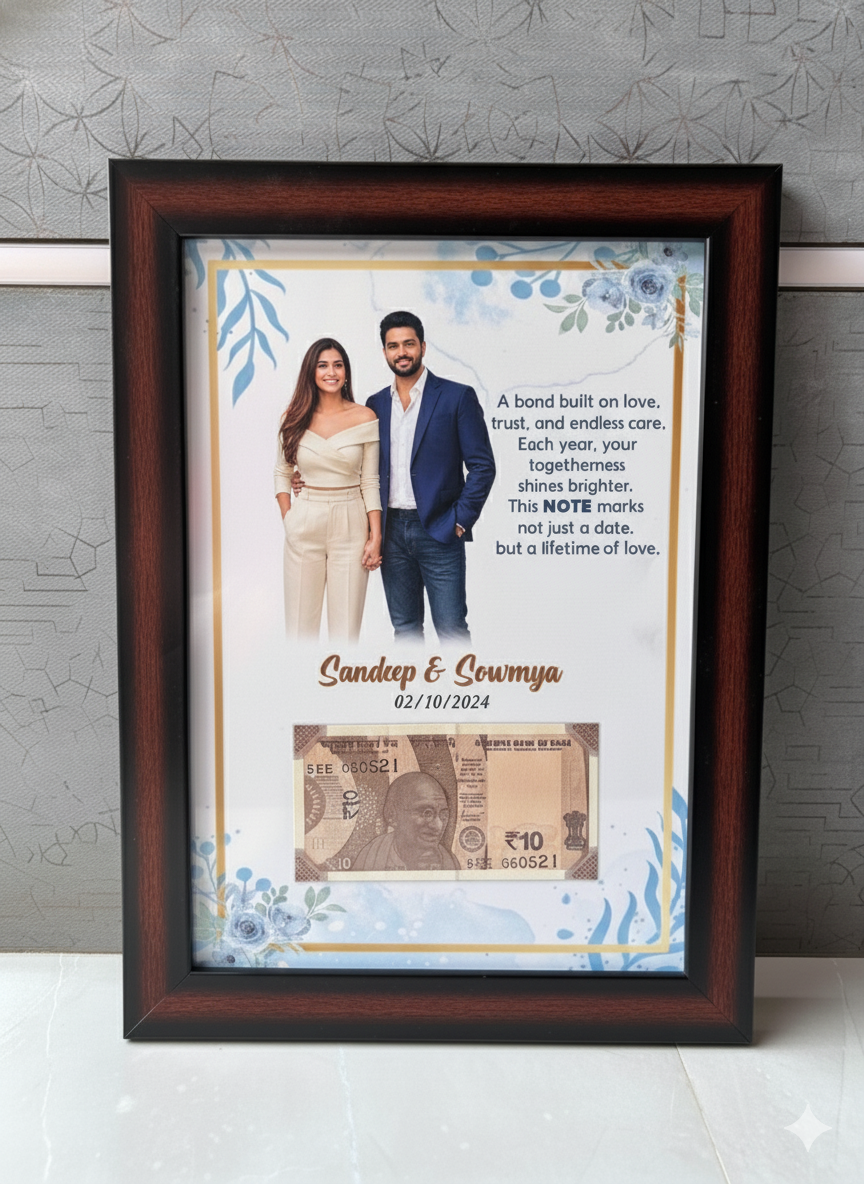 Framed photo of a couple with text and currency note, against a textured wall.