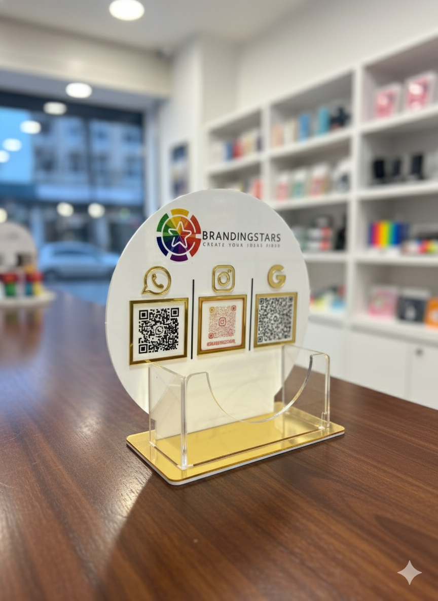 Display stand with Brandingstars logo and QR codes on a wooden table.