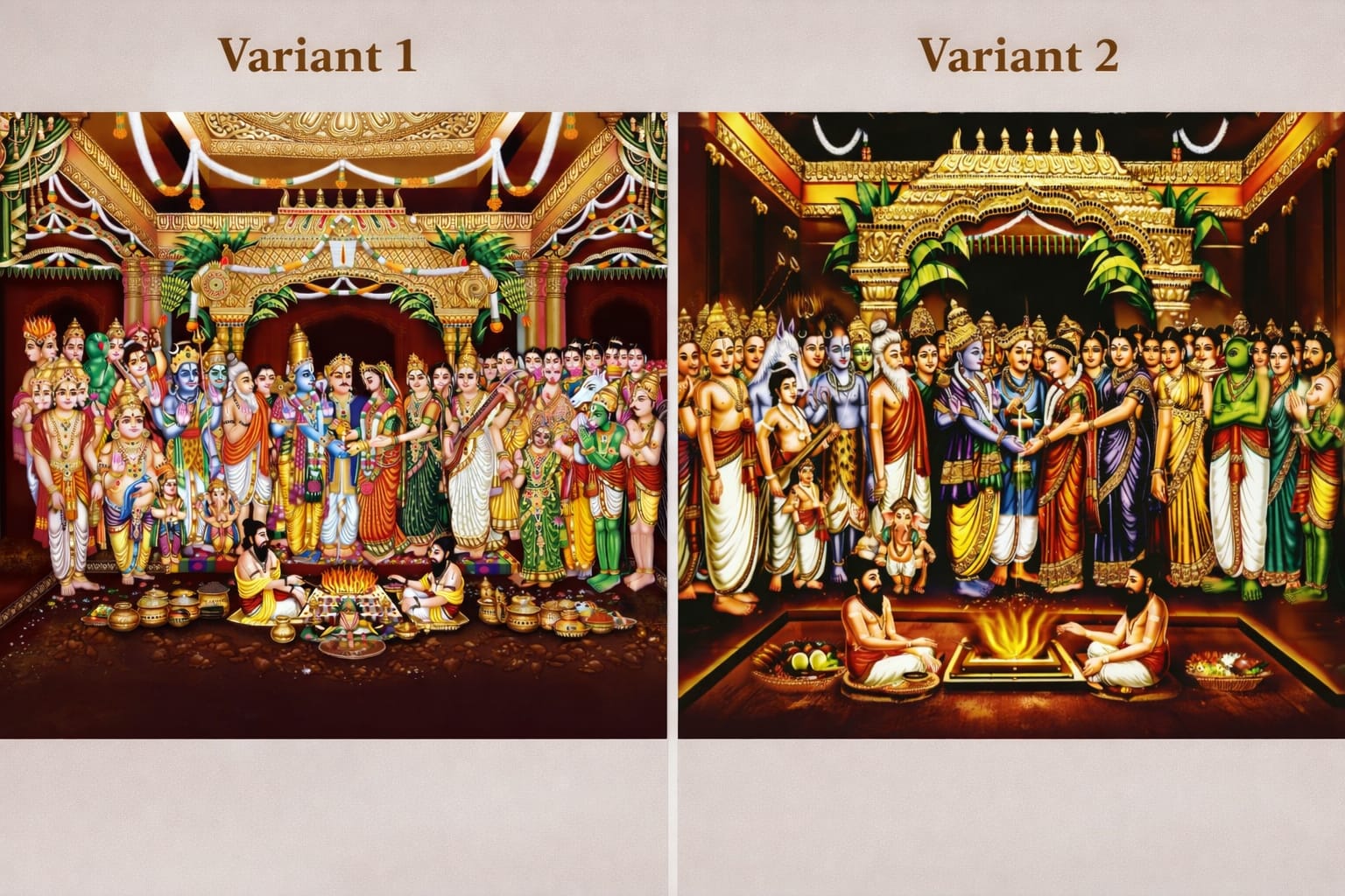 Two variants of a traditional painting with figures in a temple setting.