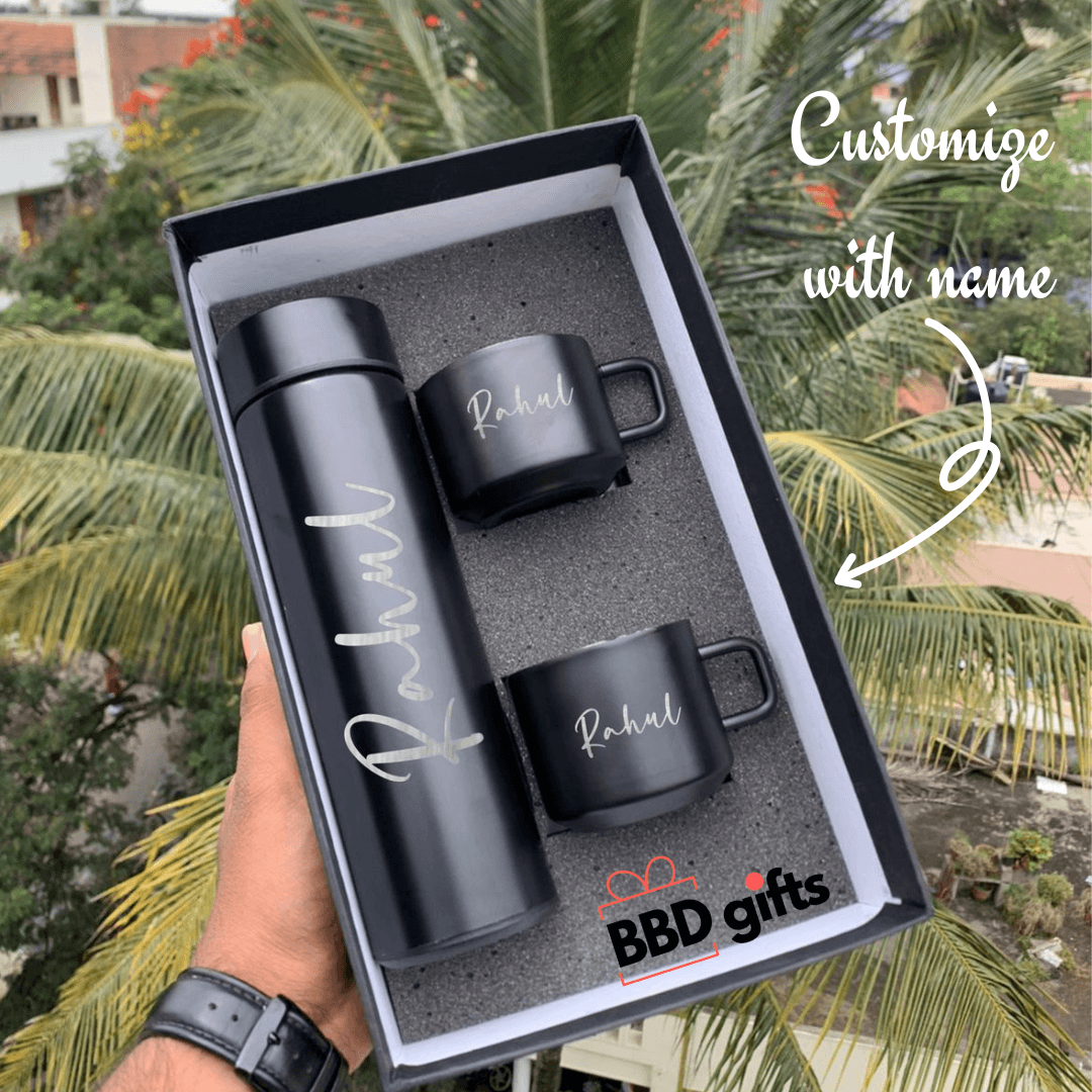 Customized Temperature Flask & Cup Set | Custom made bottle and cups | Temperature bottle set | water bottle combo under 1000rs - BBD GIFTS