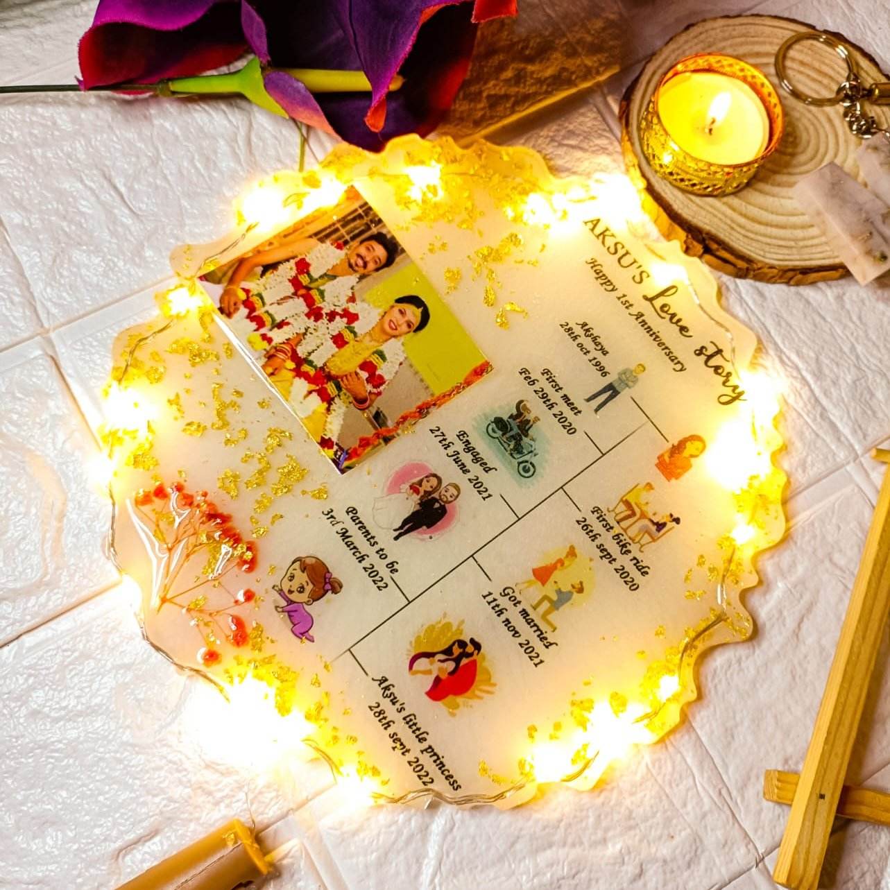 Customized Resin Zigzag Round Table Top | Led Resin Table Top | Led Resin Photo Table Top | Anniversary Gift - BBD GIFTS