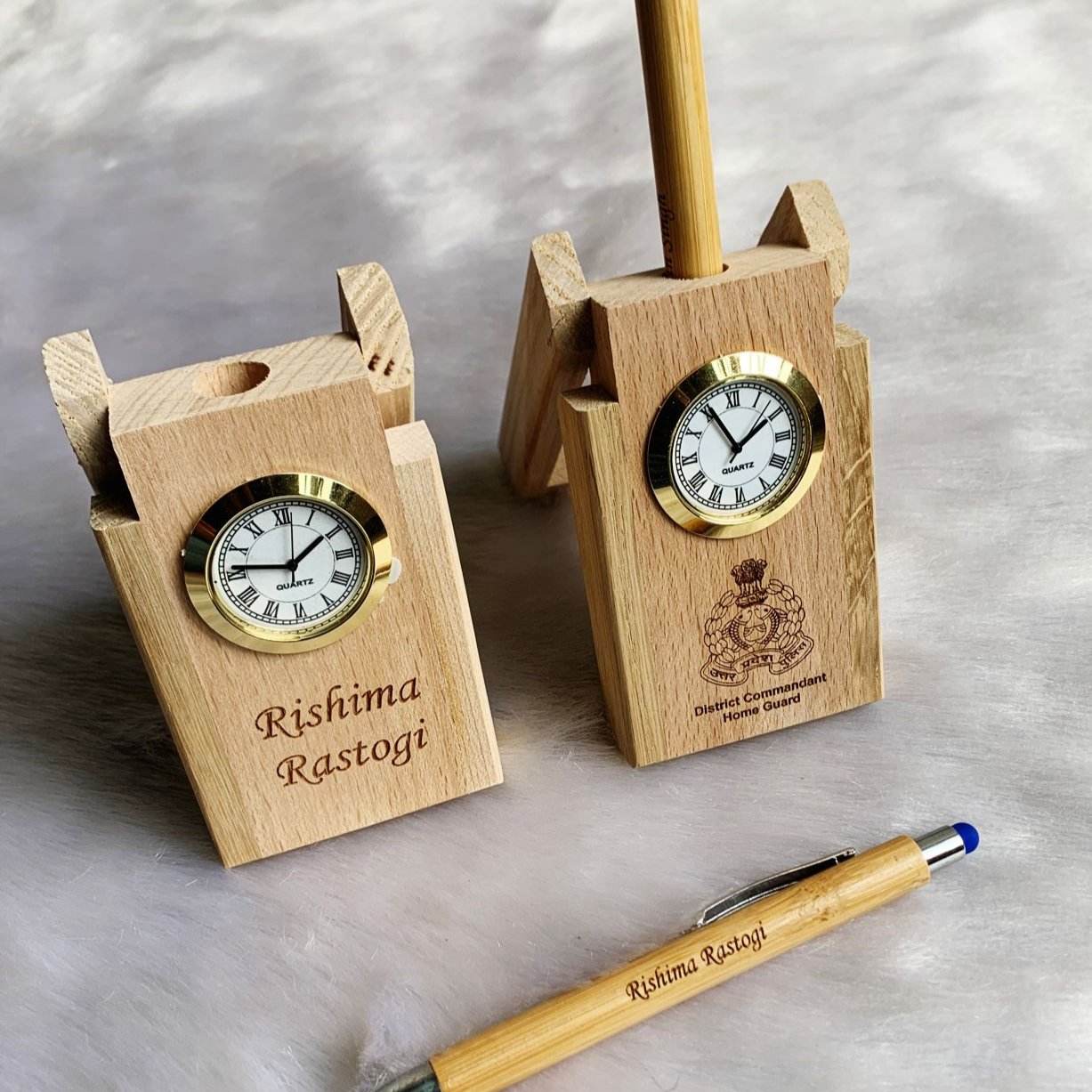 Customized Wooden Pen-stand | Custom made pen-stand| Pen-stand with clock | pen-stand | pen-stand under 500 rs | Wooden penstand - BBD GIFTS