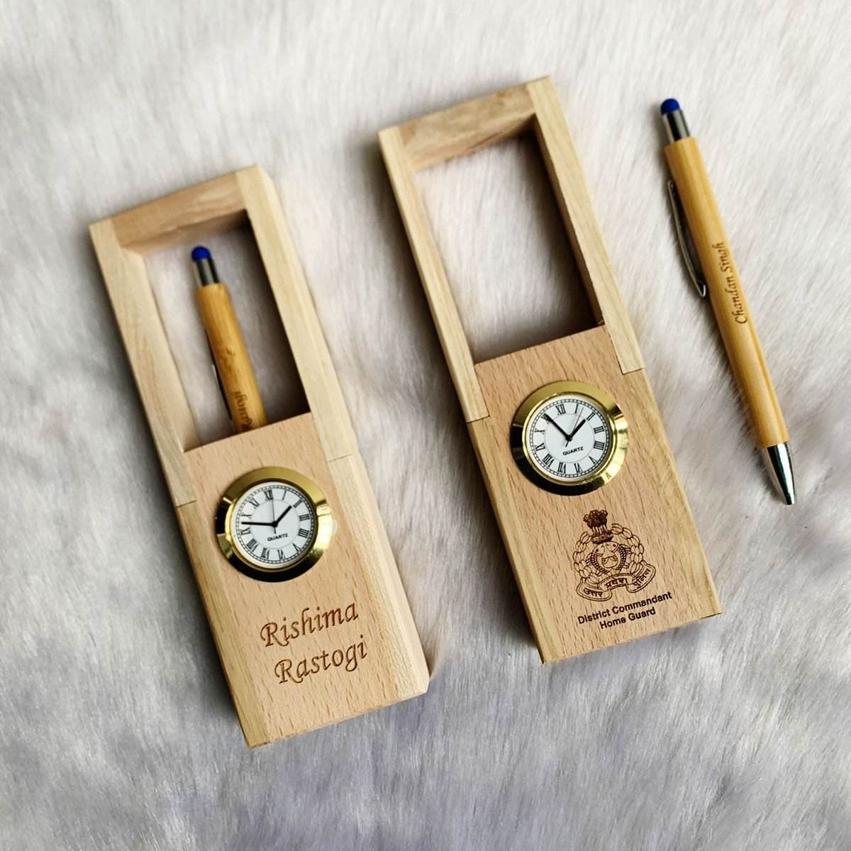 Customized Wooden Pen-stand | Custom made pen-stand| Pen-stand with clock | pen-stand | pen-stand under 500 rs | Wooden penstand - BBD GIFTS