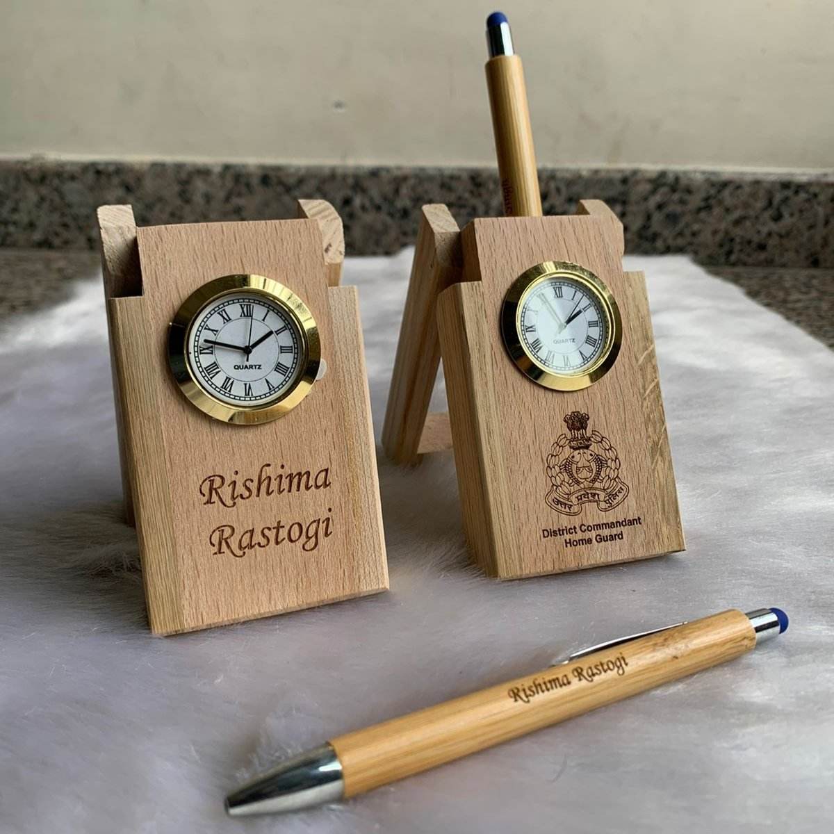 Customized Wooden Pen-stand | Custom made pen-stand| Pen-stand with clock | pen-stand | pen-stand under 500 rs | Wooden penstand - BBD GIFTS