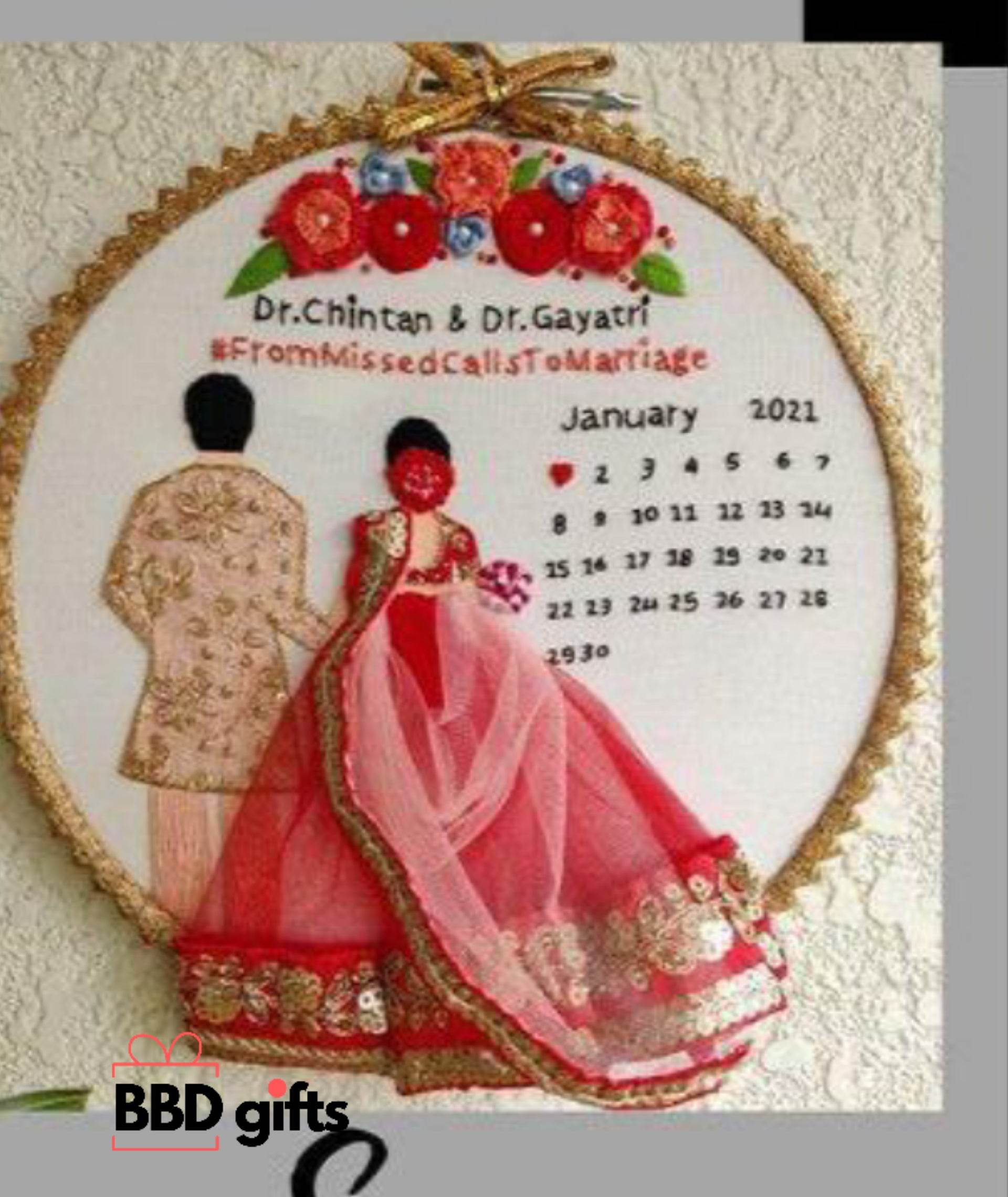 Customized Bride & Groom Calendar Embroidered Hoop - BBD GIFTS