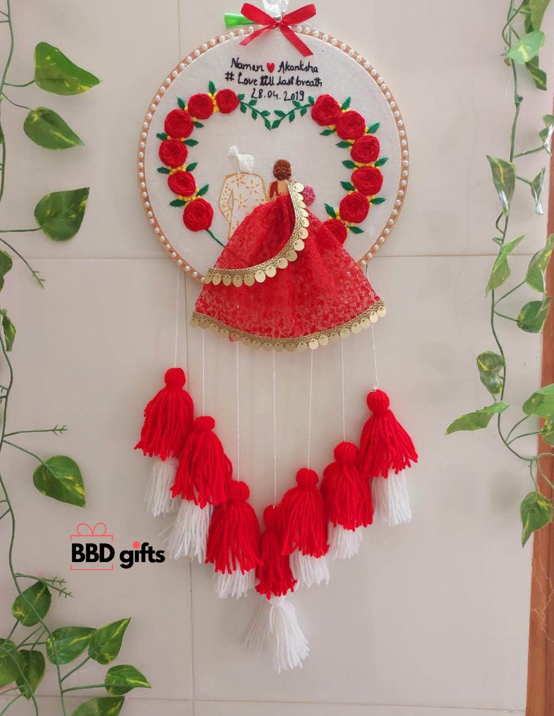 Customized Bride & Groom Calendar Embroidered Hoop with Tassels - BBD GIFTS