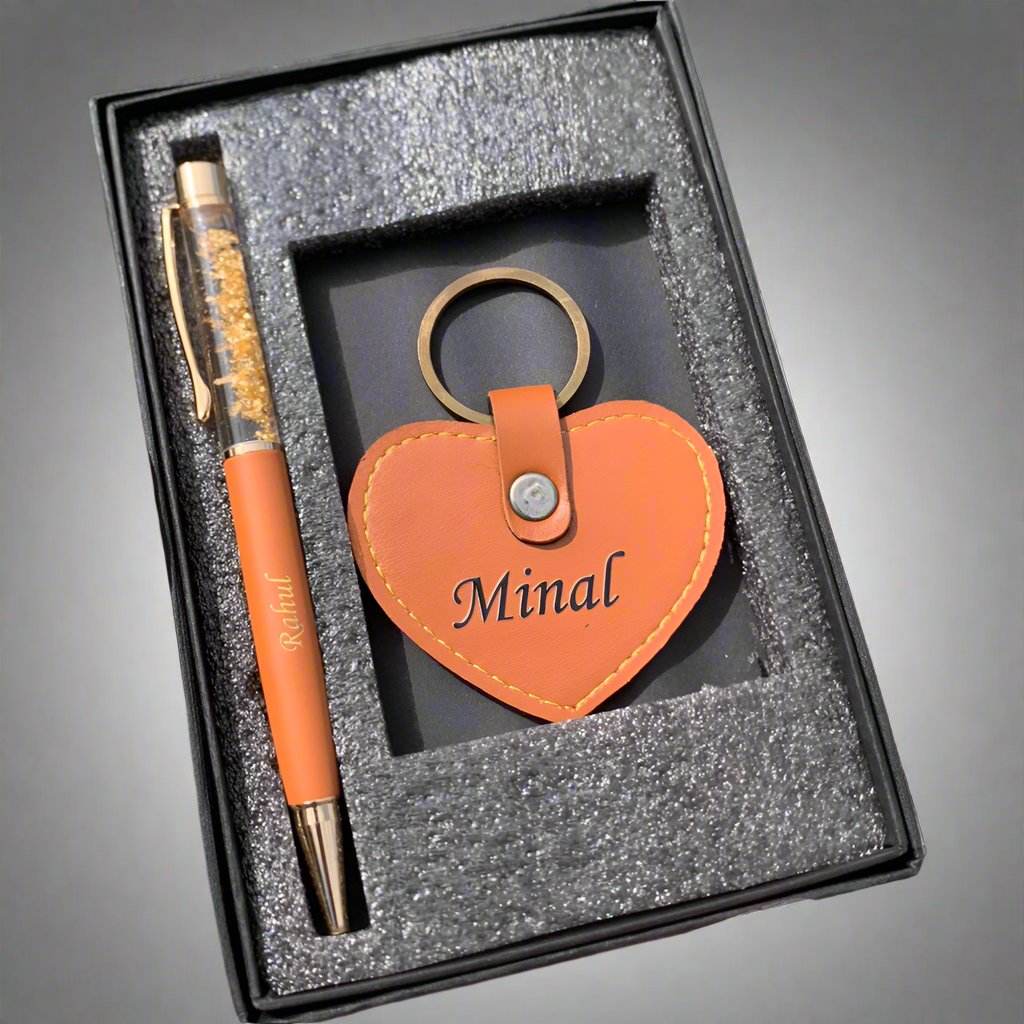 Pen And Keychain Combo | Heart Keychain And Gold Flake Pen - BBD GIFTS