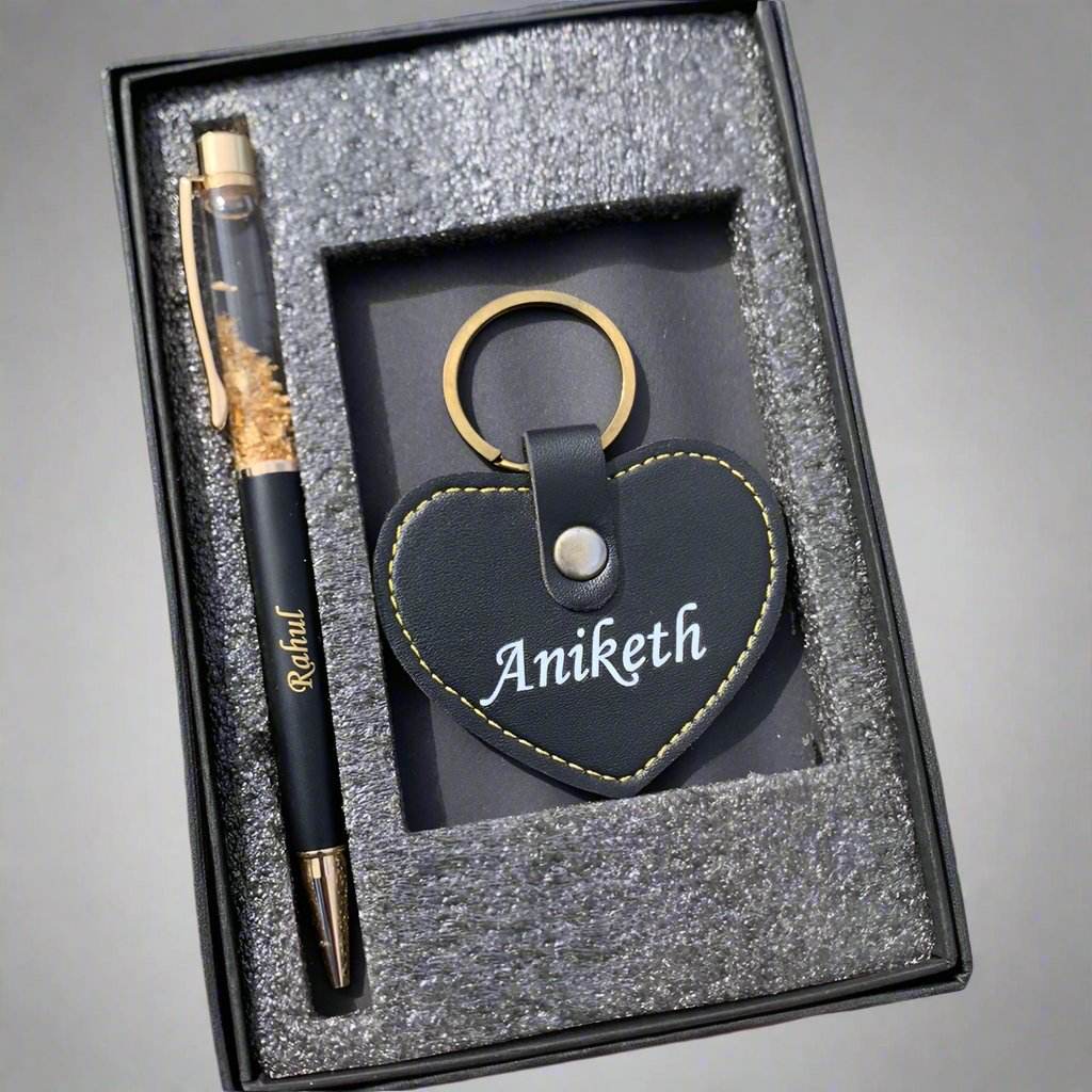 Pen And Keychain Combo | Heart Keychain And Gold Flake Pen - BBD GIFTS