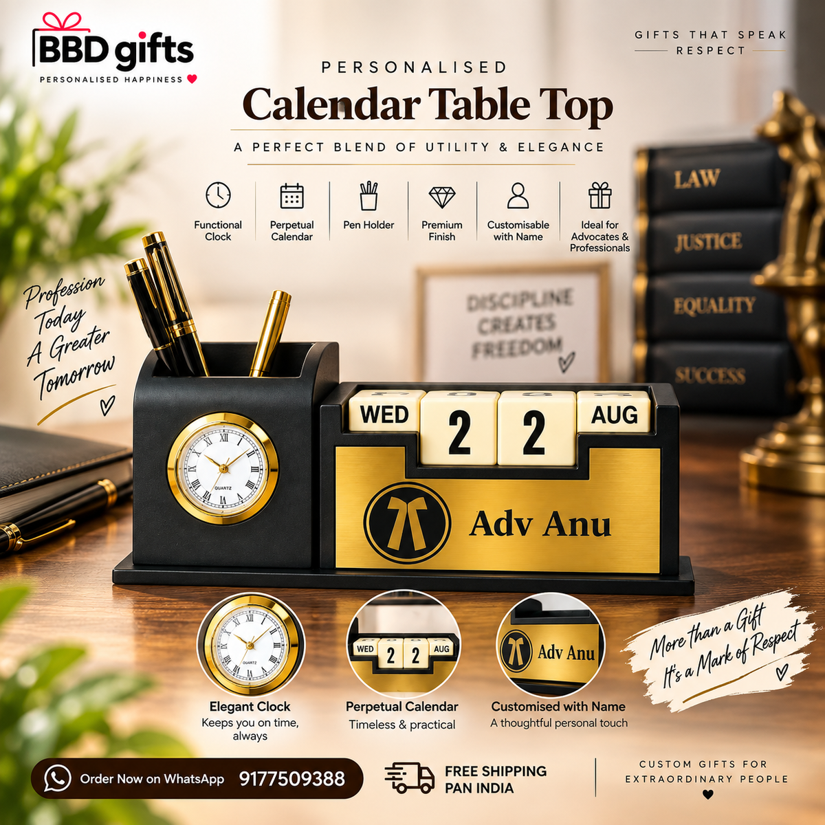 Personalised Calendar Table Top | Functional Clock & Pen Holder | Premium Gift for Advocates & Professionals