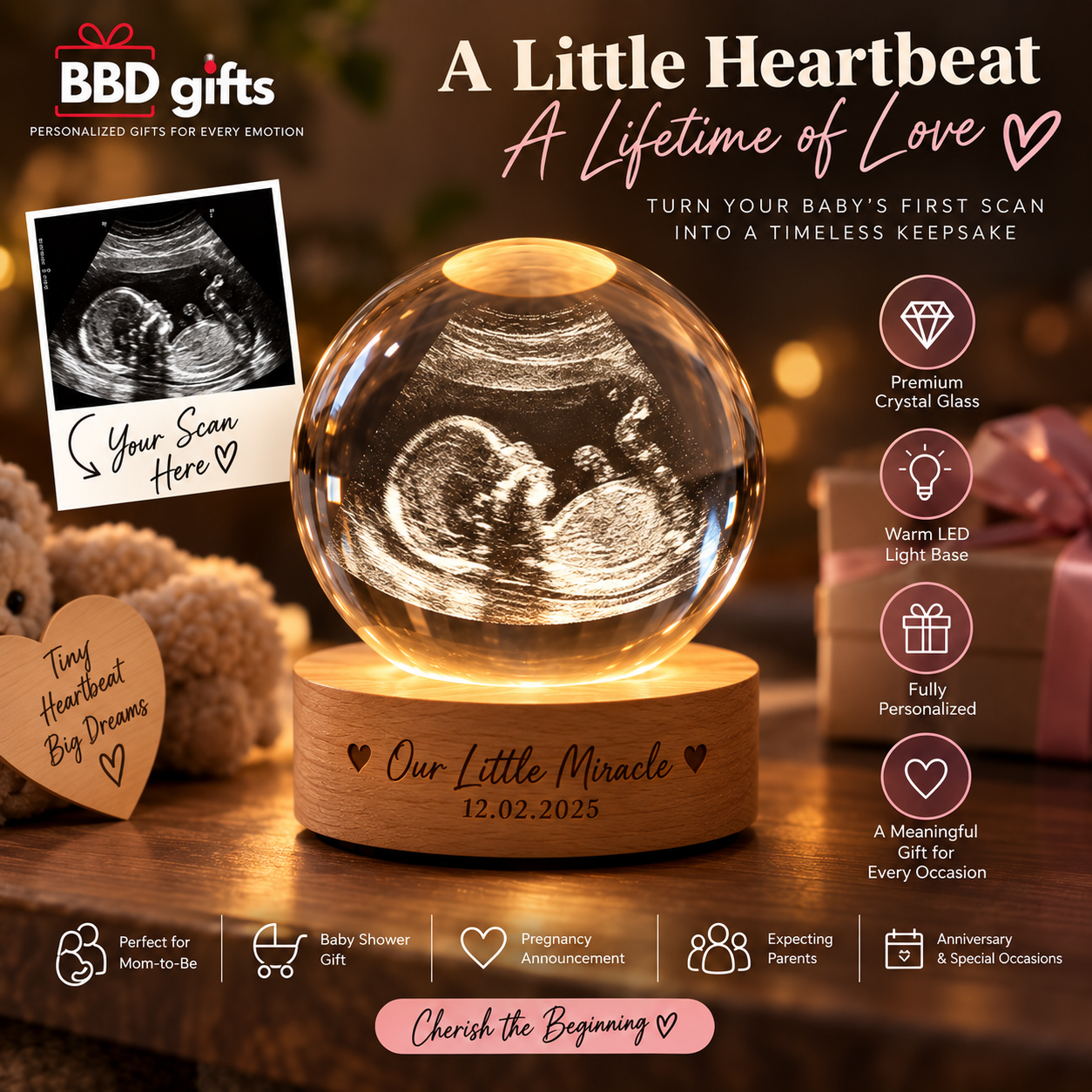 Personalized Baby Sonography Crystal Ball with LED Base