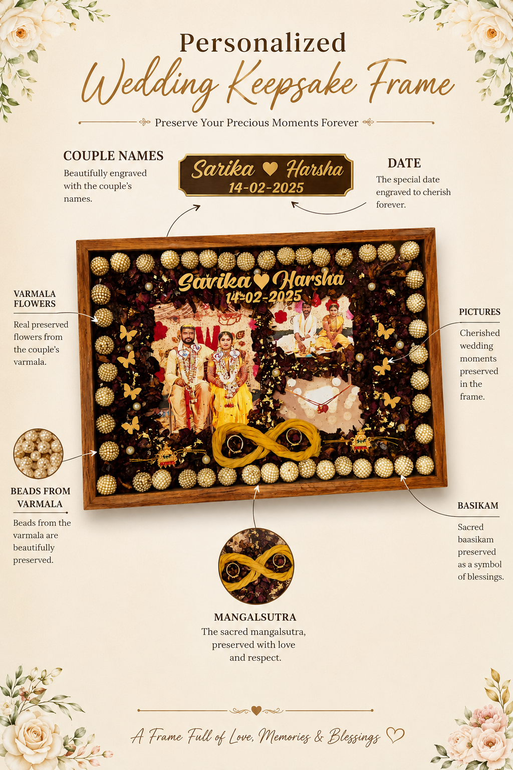 Personalized Wedding Keepsake Frame | Preserved Varmala & Wedding Memories