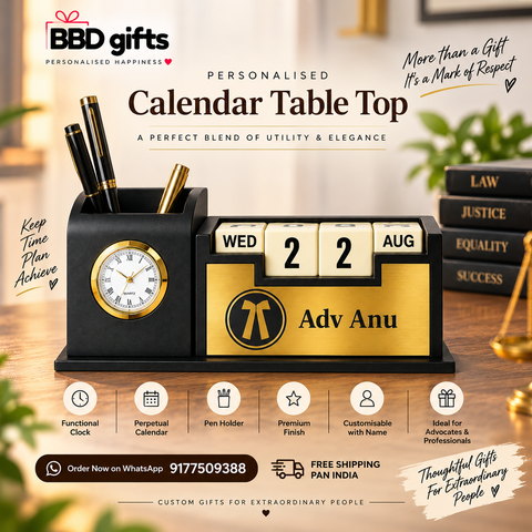 Personalised Calendar Table Top | Functional Clock & Pen Holder | Premium Gift for Advocates & Professionals