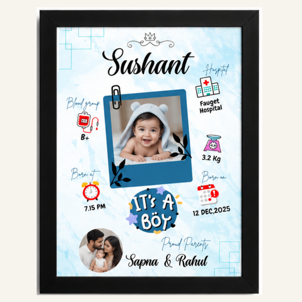 Personalized Baby Birth Details Frame – Custom Memory Wall Frame