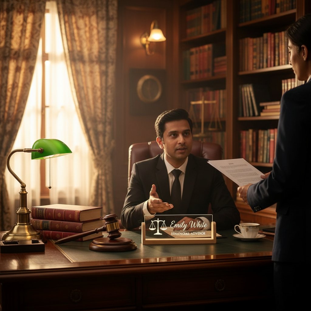 Man in a suit sitting at a desk with a nameplate, holding a document, in a room with bookshelves and a lamp.